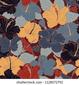 Seamless pattern with decorative summer hibiscus flowers in gray and yellow colors, watercolor vector illustration.