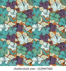 Seamless pattern with decorative summer hibiscus flowers in purple and blue colors, watercolor vector illustration.
