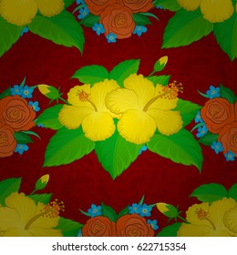 Seamless pattern with decorative summer hibiscus flowers on a red background, watercolor vector illustration.