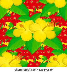 Seamless pattern with decorative summer hibiscus flowers on a yellow background, watercolor vector illustration.
