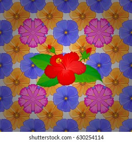 Seamless pattern with decorative summer hibiscus flowers on a gray background, watercolor vector illustration.