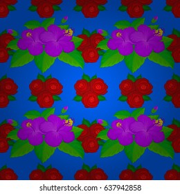 Seamless pattern with decorative summer hibiscus flowers on a blue background, watercolor vector illustration.