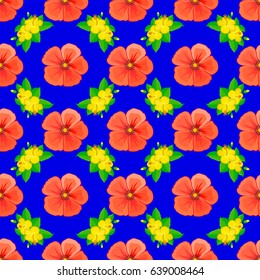 Seamless pattern with decorative summer hibiscus flowers on a blue background, watercolor vector illustration.