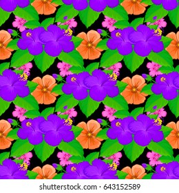 Seamless pattern with decorative summer hibiscus flowers on a black background, watercolor vector illustration.
