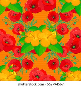 Seamless pattern with decorative summer hibiscus flowers on a orange background, watercolor vector illustration.