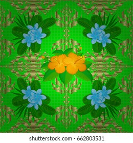 Seamless pattern with decorative summer hibiscus flowers on a green background, watercolor vector illustration.