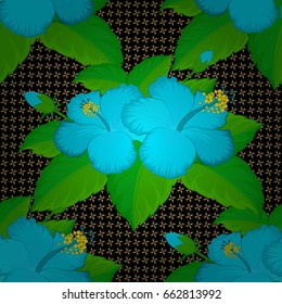 Seamless pattern with decorative summer hibiscus flowers on a black background, watercolor vector illustration.