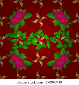 Seamless pattern with decorative summer hibiscus flowers on a red background, watercolor vector illustration.