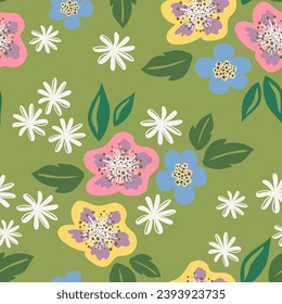 Seamless pattern with a decorative summer meadow, small  flowers, leaves, herbs on a green field. Modern floral print design, botanical background with pretty drawn plants. Vector illustration.
