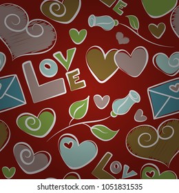 Seamless pattern with decorative summer motif, hearts, rose flower and love text in red and beige colors. Watercolor effect vector illustration.
