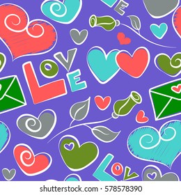 Seamless pattern with decorative summer motif, hearts, rose flower and love text over violet backdrop. Watercolor effect vector illustration.