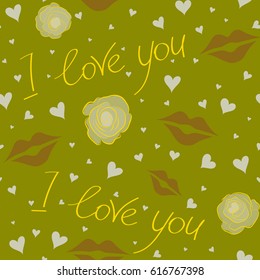 Seamless pattern with decorative summer motif, hearts, rose flower and love text over green backdrop. Watercolor effect vector illustration.