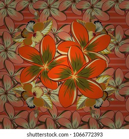 Seamless pattern with decorative summer plumeria flowers in orange, beige and brown colors, watercolor vector illustration.