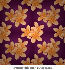 Seamless pattern with decorative summer plumeria flowers in purple, beige and orange colors, watercolor vector illustration.
