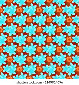 Seamless pattern with decorative summer plumeria flowers in blue, orange and red colors, watercolor vector illustration.