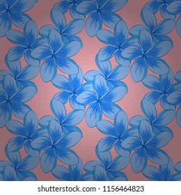 Seamless pattern with decorative summer plumeria flowers in blue colors, watercolor vector illustration.