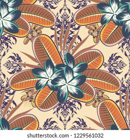 Seamless pattern with decorative summer plumeria flowers in brown, blue and beige colors, watercolor vector illustration.