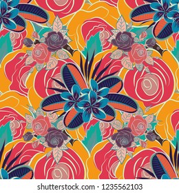 Seamless pattern with decorative summer plumeria flowers in pink, yellow and blue colors, watercolor vector illustration.