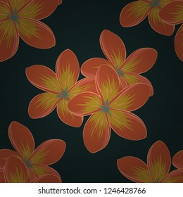 Seamless pattern with decorative summer plumeria flowers in yellow, orange and blue colors, watercolor vector illustration.