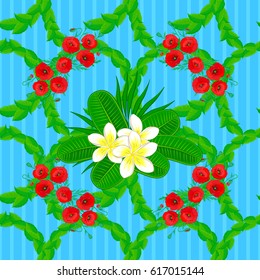 Seamless pattern with Decorative summer plumeria flowers on a blue background, watercolor vector illustration.