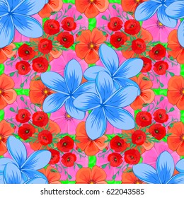 Seamless pattern with decorative summer plumeria flowers on a green background, watercolor vector illustration.