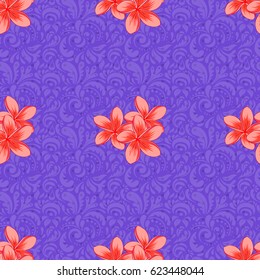 Seamless pattern with decorative summer plumeria flowers on a violet background, watercolor vector illustration.