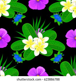 Seamless pattern with decorative summer plumeria flowers on a black background, watercolor vector illustration.