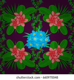 Seamless pattern with decorative summer plumeria flowers on a purple background, watercolor vector illustration.
