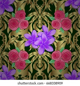 Seamless pattern with decorative summer plumeria flowers on a green background, watercolor vector illustration.