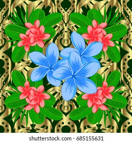 Seamless pattern with decorative summer plumeria flowers on a green background, watercolor vector illustration.