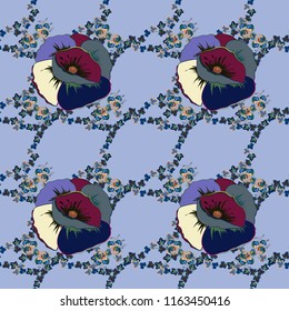 Seamless pattern with decorative summer poppy flowers in beige, blue and green colors, watercolor vector illustration.