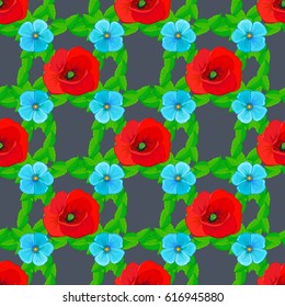 Seamless pattern with decorative summer poppy flowers on a gray background, watercolor vector illustration.