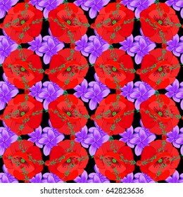 Seamless pattern with decorative summer poppy flowers on a black background, watercolor vector illustration.