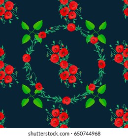 Seamless pattern with decorative summer poppy flowers on a blue background, watercolor vector illustration.