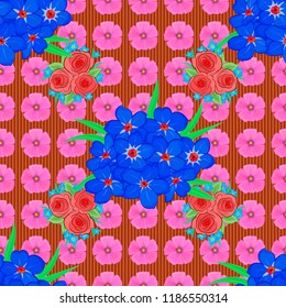 Seamless pattern with decorative summer primula flowers in blue, pink and orange colors, watercolor vector illustration.