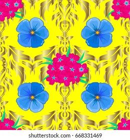 Seamless pattern with decorative summer primula flowers on a yellow background, watercolor vector illustration.