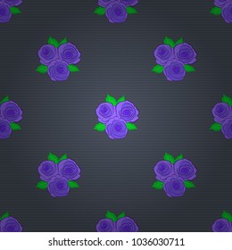 Seamless pattern with decorative summer rose flowers and green leaves in gray, violet and blue colors, watercolor vector illustration.