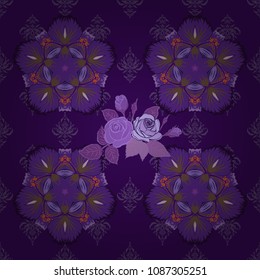Seamless pattern with decorative summer rose flowers and leaves in violet, purple and brown colors, watercolor vector illustration.