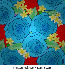 Seamless pattern with decorative summer rose flowers and green leaves on a red background, watercolor vector illustration.