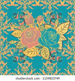 Seamless pattern with decorative summer rose flowers and green leaves in yellow, orange and blue colors, watercolor vector illustration.