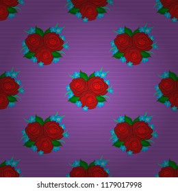 Seamless pattern with decorative summer rose flowers and green leaves in blue, violet and red colors, watercolor vector illustration.