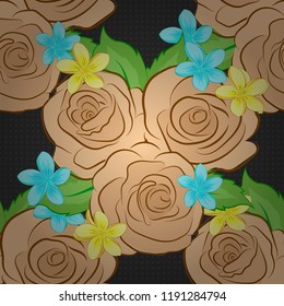 Seamless pattern with decorative summer rose flowers and green leaves in beige, gray and green colors, watercolor vector illustration.