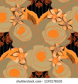 Seamless pattern with decorative summer rose flowers and green leaves in orange, black and beige colors, watercolor vector illustration.