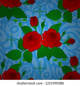 Seamless pattern with decorative summer rose flowers and green leaves in blue, green and red colors, watercolor vector illustration.