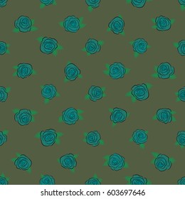 Seamless pattern with decorative summer rose flowers and green leaves on a green background, watercolor vector illustration.