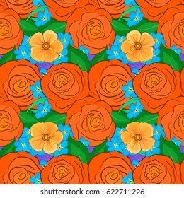 Seamless pattern with decorative summer rose flowers and green leaves on a violet background, watercolor vector illustration.