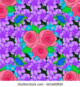 Seamless pattern with decorative summer rose flowers and green leaves on a green background, watercolor vector illustration.
