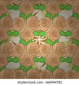 Seamless pattern with decorative summer rose flowers and green leaves on a beige background, watercolor vector illustration.
