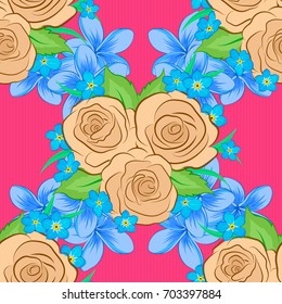 Seamless pattern with decorative summer rose flowers and green leaves on a pink background, watercolor vector illustration.