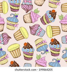 Seamless pattern. Decorative sweet cakes. Sketch drawing